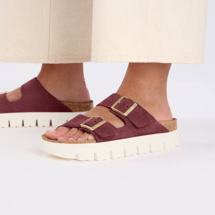 Birkenstock Arizona Chunky Berry Crush Suede Leather on model 2