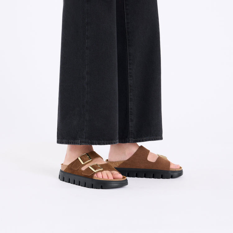 Birkenstock Arizona Chunky Dark Tea Suede Leather on model 1