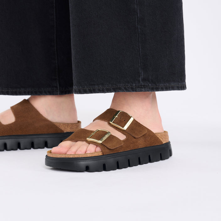 Birkenstock Arizona Chunky Dark Tea Suede Leather on model 2