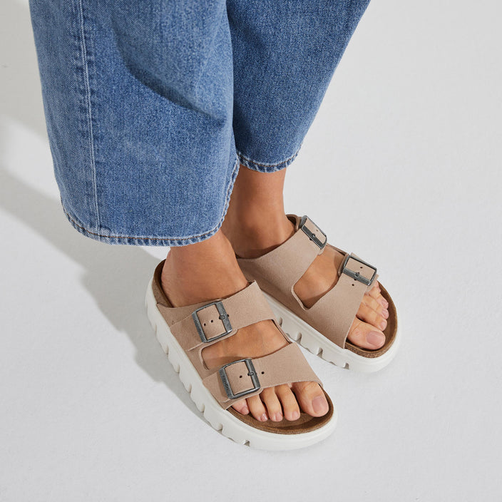 Birkenstock Arizona Chunky Warm Sand Suede Leather on model 2