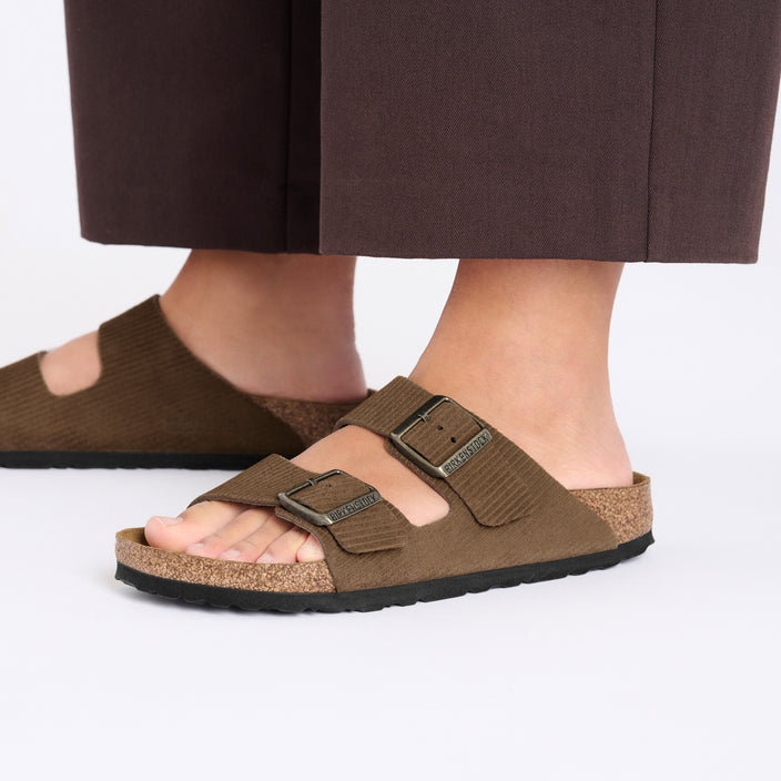Birkenstock Arizona Corduroy Dark Tea Embossed Suede Leather on model 2