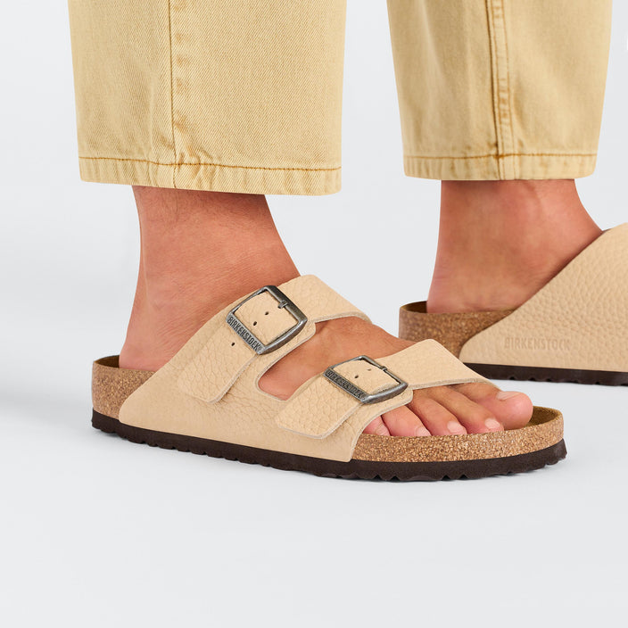 Birkenstock Arizona Desert Buck New Beige Nubuck Leather on model 2