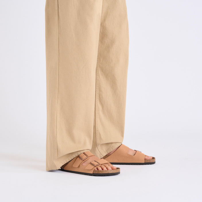 Birkenstock Arizona Earthy Vegan Pecan Birkibuc on model 1