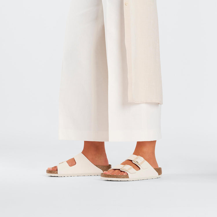 Birkenstock Arizona Eggshell Birko Flor on model 1