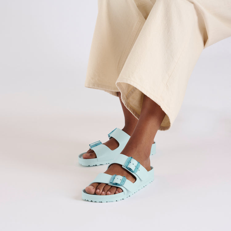 Birkenstock Arizona EVA Stealth Buckle Surf Green on model 1