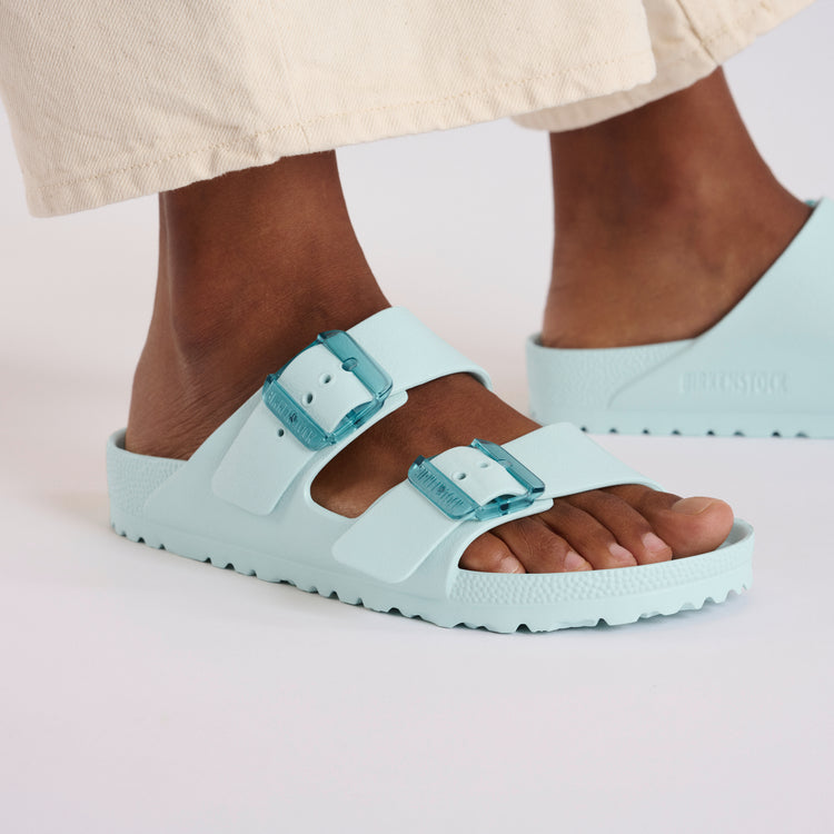 Birkenstock Arizona EVA Stealth Buckle Surf Green on model 2