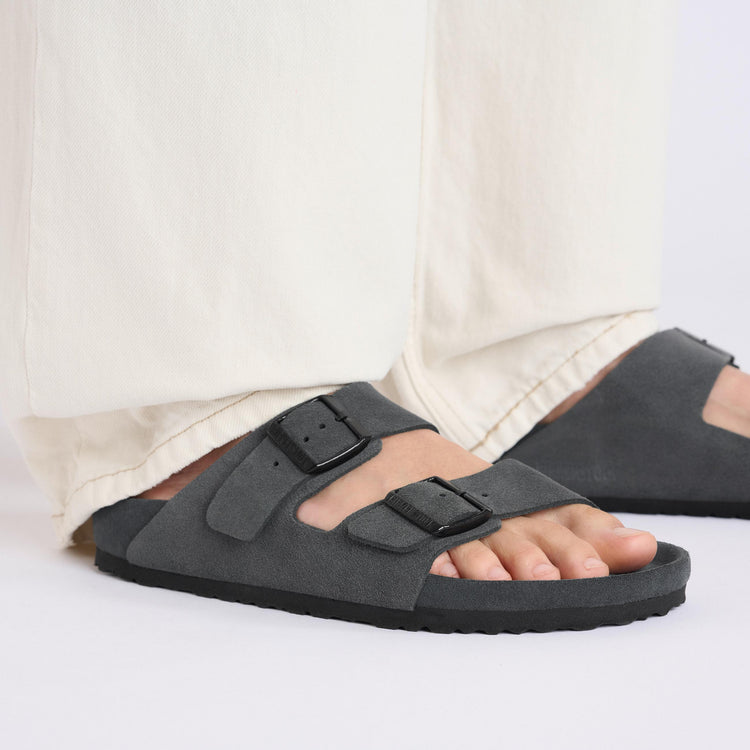 Birkenstock Arizona Exquisite Charcoal Suede Leather on model 2