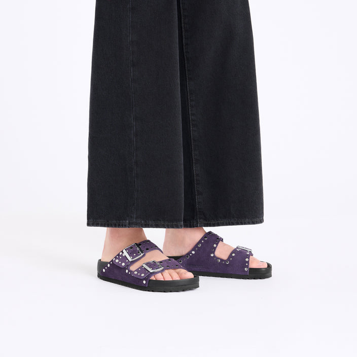 Birkenstock Arizona Exquisite Rivets Acai Suede Leather on model 1