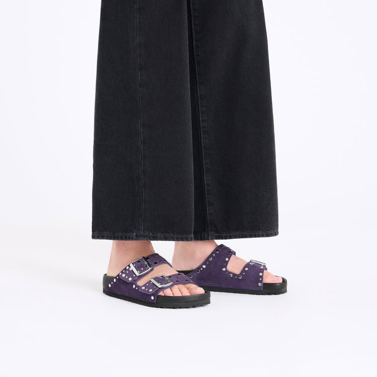 Birkenstock Arizona Exquisite Rivets Acai Suede Leather on model 1