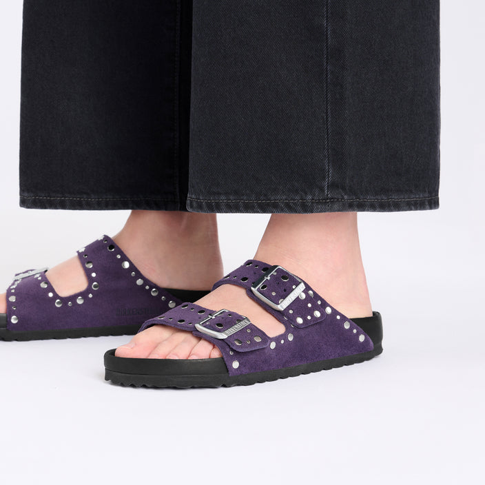 Birkenstock Arizona Exquisite Rivets Acai Suede Leather on model 2