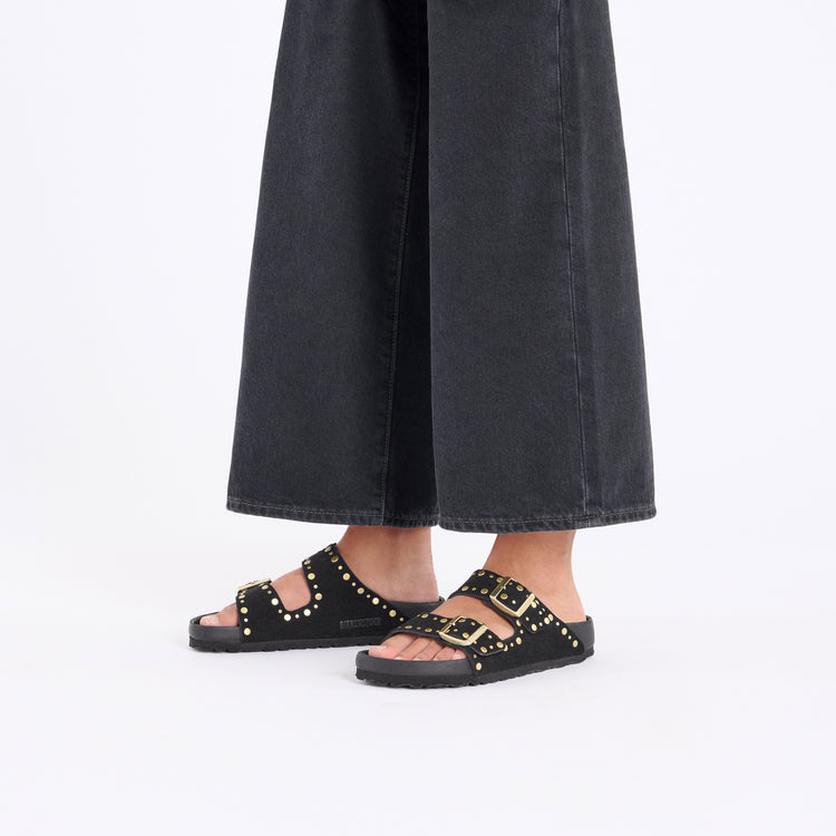 Birkenstock Arizona Exquisite Rivets Black Suede Leather on model 1