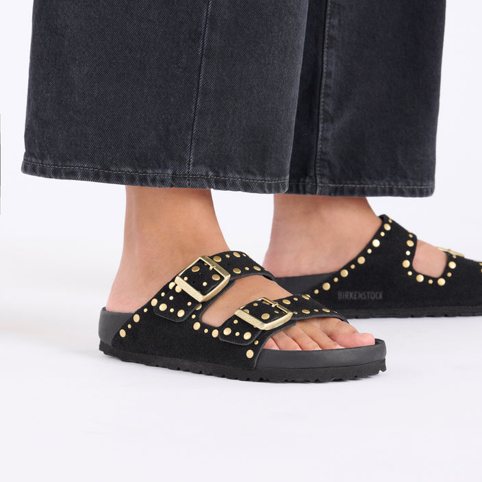 Birkenstock Arizona Exquisite Rivets Black Suede Leather on model 2