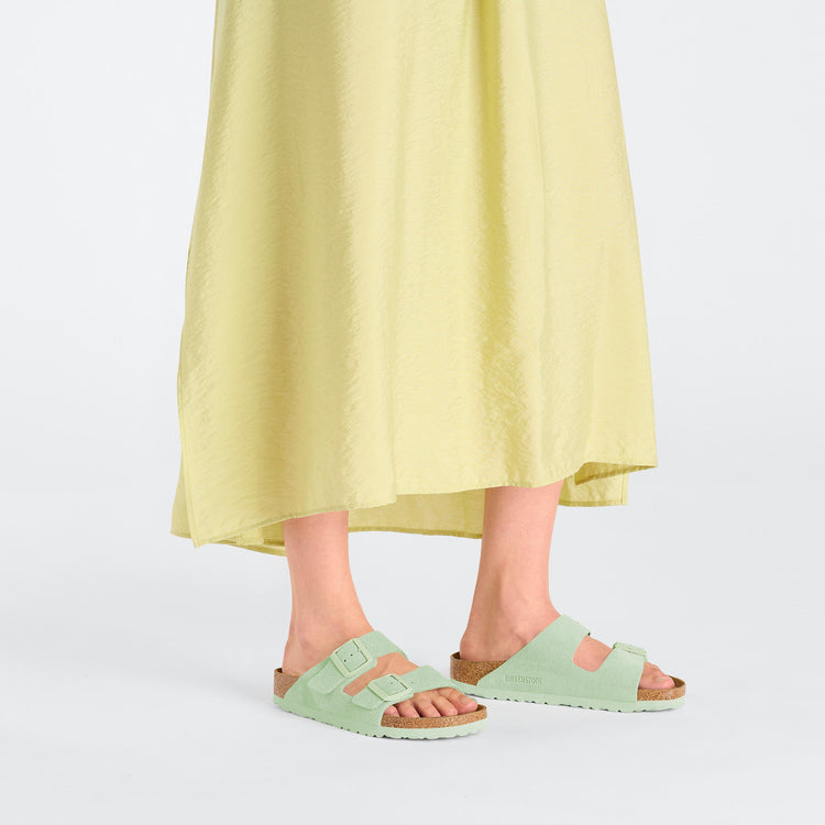 Birkenstock Arizona Faded Lime Suede Leather on model 1