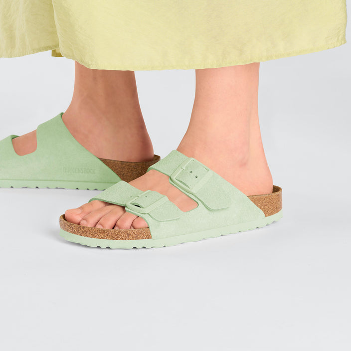 Birkenstock Arizona Faded Lime Suede Leather on model 2