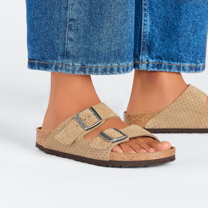 Birkenstock Arizona New Beige Embossed Suede Leather on model 2