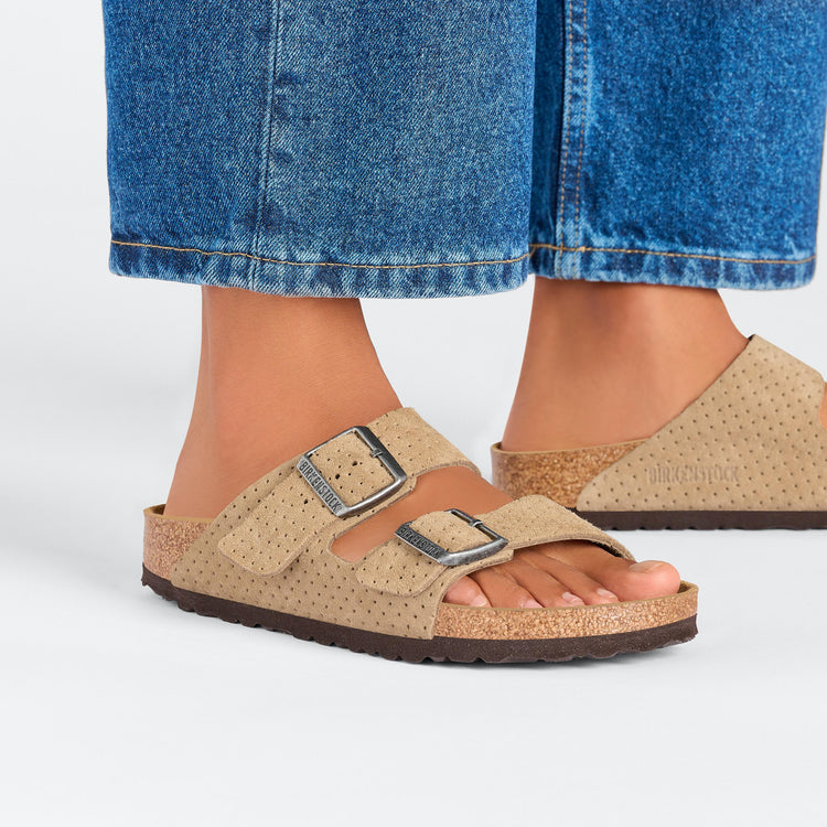 Birkenstock Arizona New Beige Embossed Suede Leather on model 2