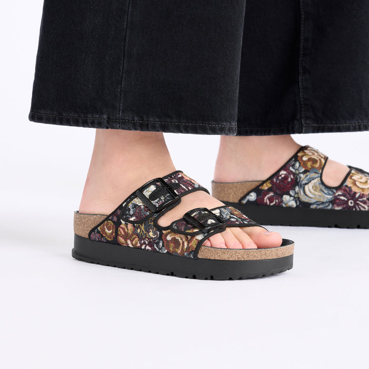 Birkenstock Arizona Platform Brocade Black Microfibre on model 2