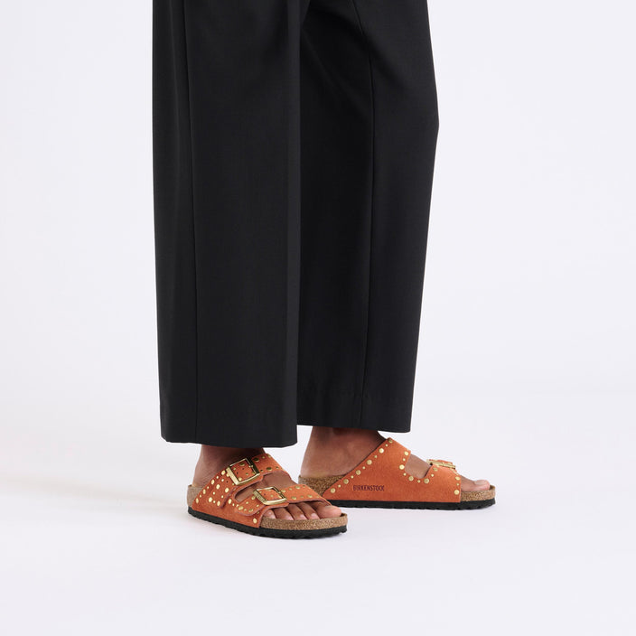Birkenstock Arizona Rivet Dark Rust Suede Leather on model 1