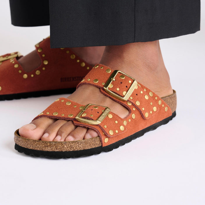 Birkenstock Arizona Rivet Dark Rust Suede Leather on model 2