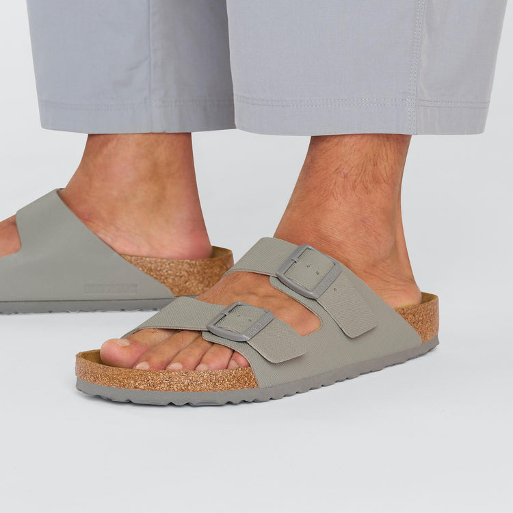 Birkenstock Arizona Saffiano Stone Coin Birko Flor on model 2