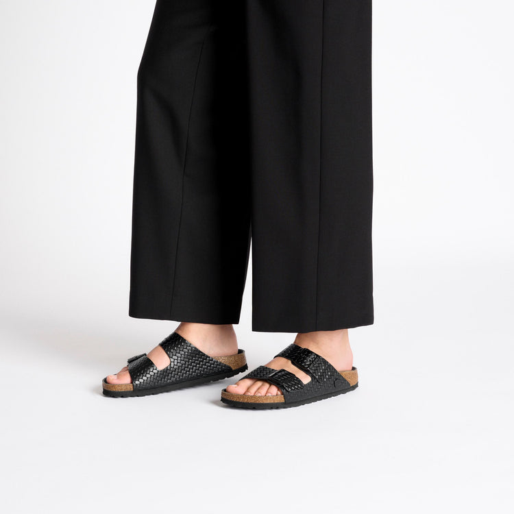 Birkenstock Arizona Semi Exquisite Woven Emboss Black Smooth Leather on model 1