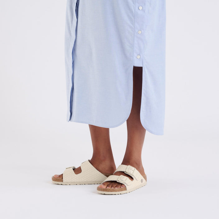 Birkenstock Arizona Semi Exquisite Woven Emboss Ecru Smooth Leather on model 1