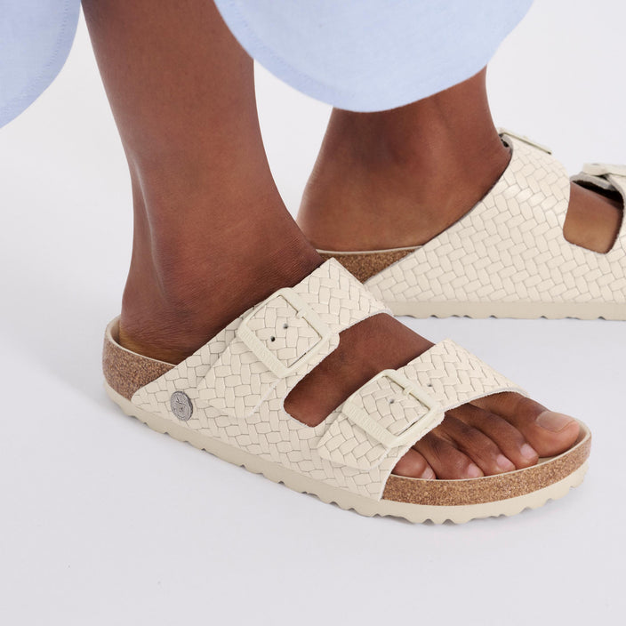 Birkenstock Arizona Semi Exquisite Woven Emboss Ecru Smooth Leather on model 2