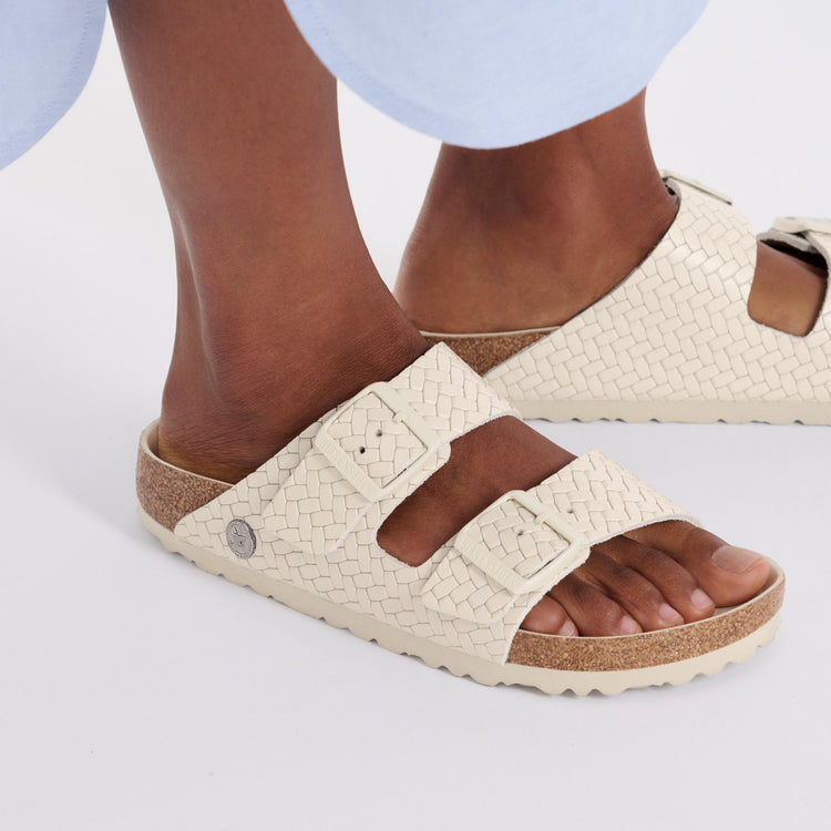 Birkenstock Arizona Semi Exquisite Woven Emboss Ecru Smooth Leather on model 2