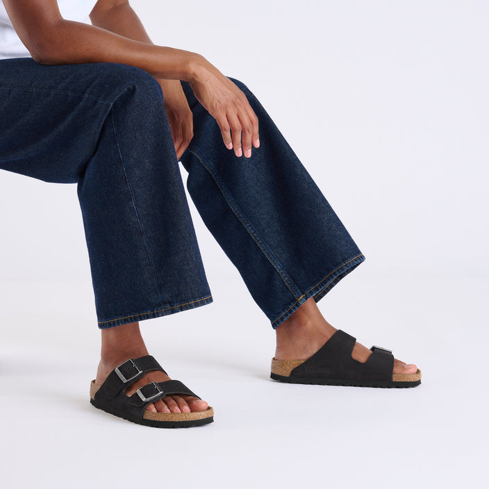 Birkenstock Arizona Soft Footbed Black Nubuck Leather on model 1
