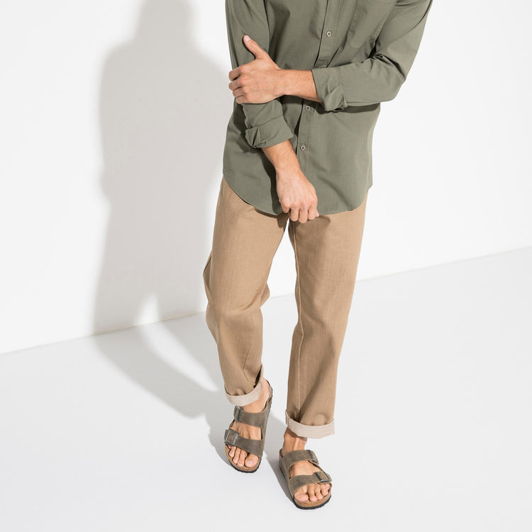 Birkenstock Arizona Soft Footbed Faded Khaki Oiled Leather on model 2