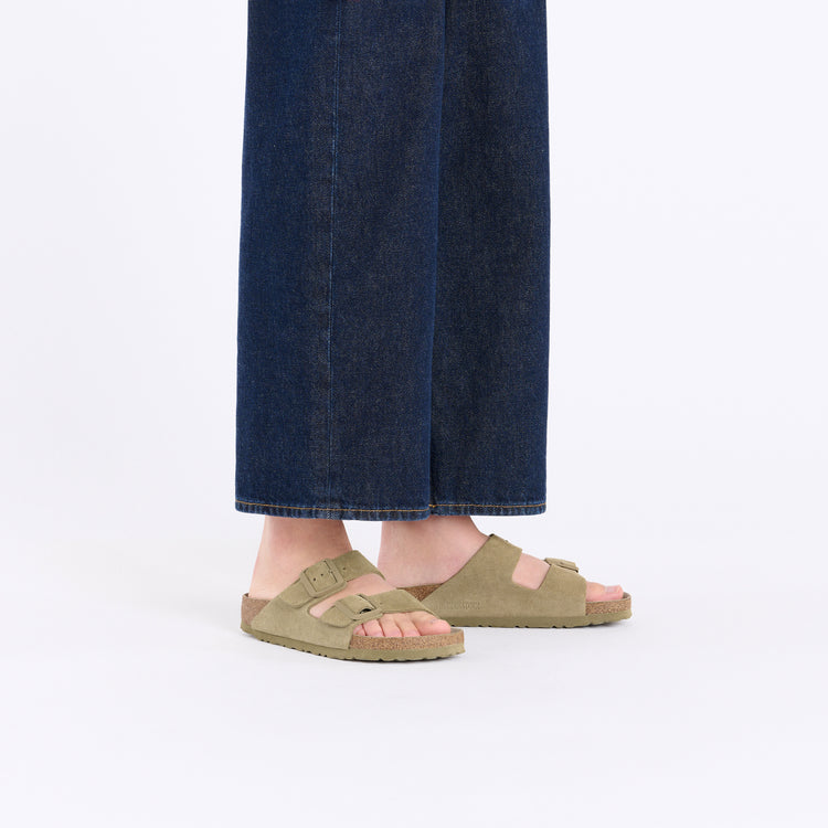 Birkenstock Arizona Soft Footbed Faded Khaki Suede Leather on model 1