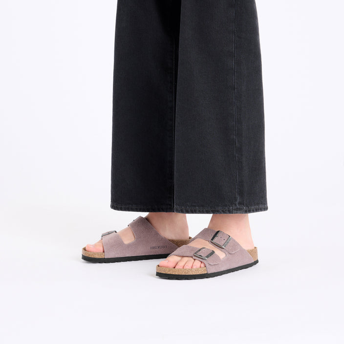 Birkenstock Arizona Soft Footbed Faded Purple Suede Leather on model 1
