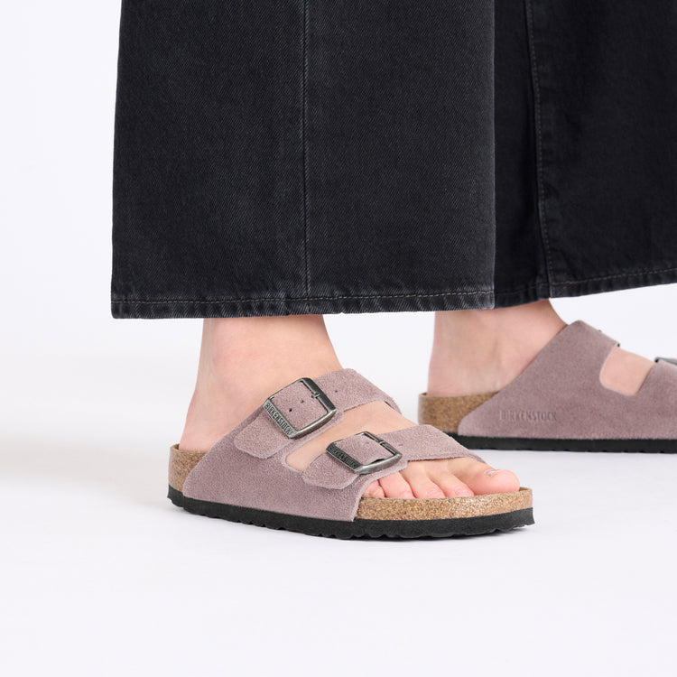 Birkenstock Arizona Soft Footbed Faded Purple Suede Leather on model 2