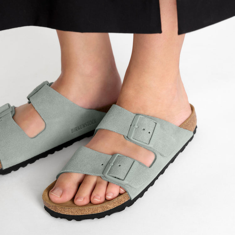 Birkenstock Arizona Soft Footbed Pure Sage Suede Leather on model 2