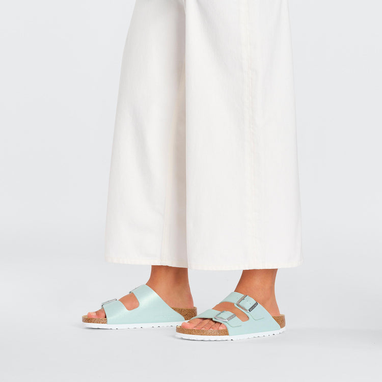 Birkenstock Arizona Shiny Embossed Surf Green Embossed Birko Flor on model 1