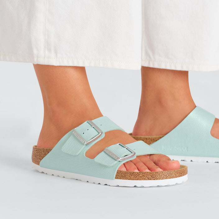 Birkenstock Arizona Shiny Embossed Surf Green Embossed Birko Flor on model 2
