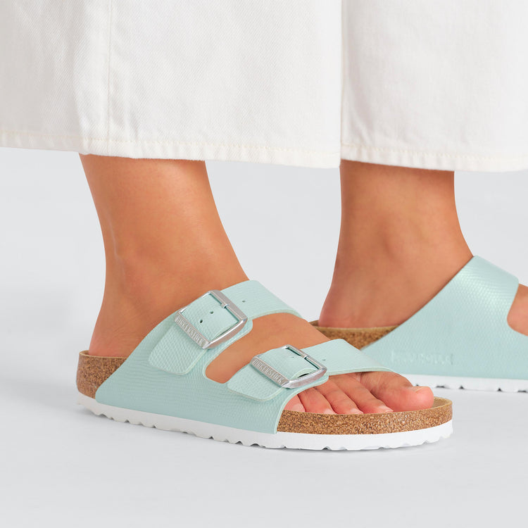 Birkenstock Arizona Shiny Embossed Surf Green Embossed Birko Flor on model 2