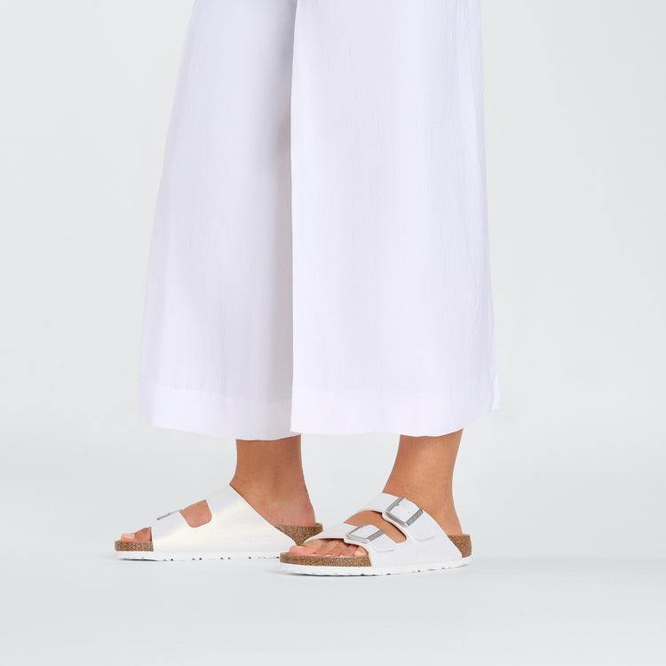 Birkenstock Arizona Shiny Embossed White Embossed Birko Flor on model 1