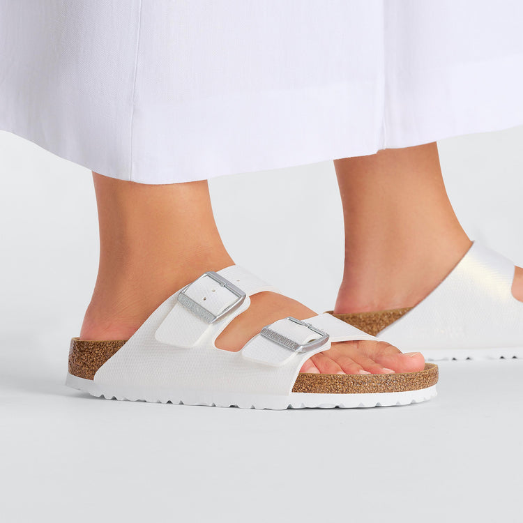 Birkenstock Arizona Shiny Embossed White Embossed Birko Flor on model 2