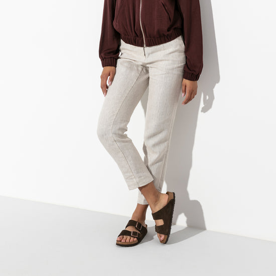 Birkenstock Arizona Soft Footbed Mocca Suede Leather on female model