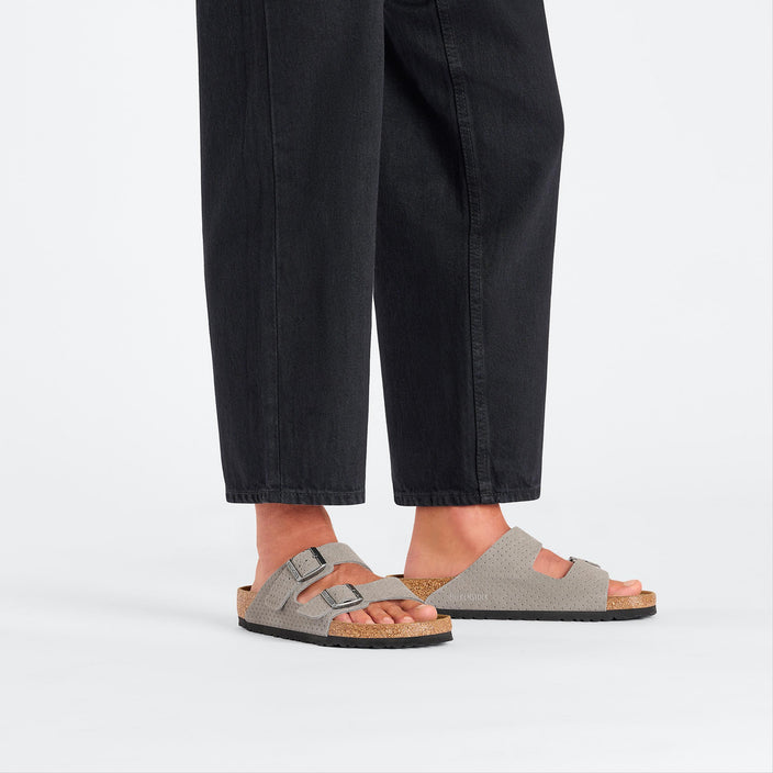 Birkenstock Arizona Stone Coin Embossed Suede Leather on model 1