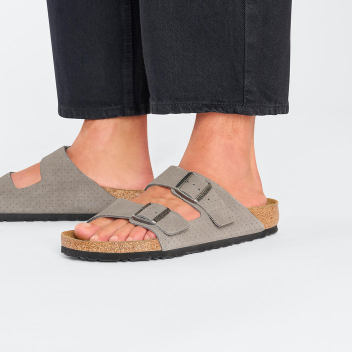 Birkenstock Arizona Stone Coin Embossed Suede Leather on model 2