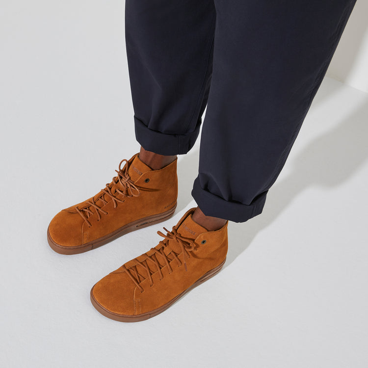 Birkenstock Bend Mid Mink Suede Leather on model 2
