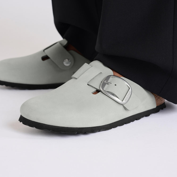 Birkenstock Boston Big Buckle Pure Sage Nubuck Leather on model 2