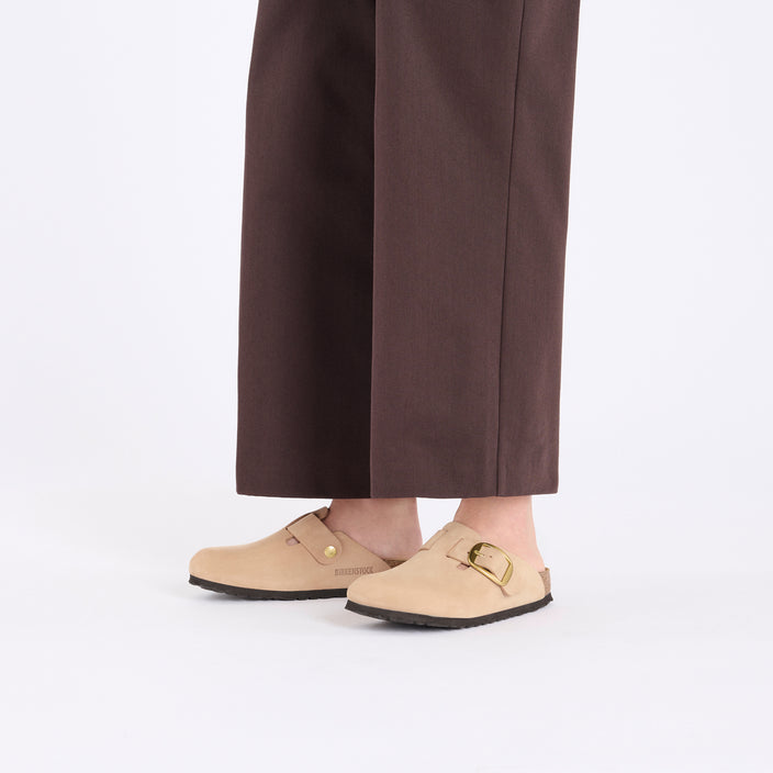 Birkenstock Boston Big Buckle Sandcastle Nubuck Leather on model 1