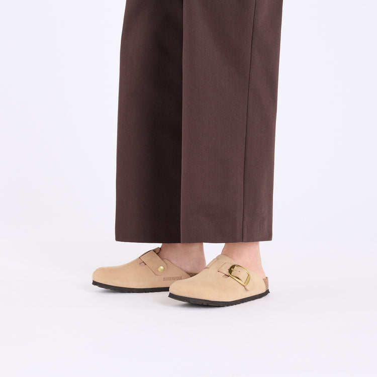 Birkenstock Boston Big Buckle Sandcastle Nubuck Leather on model 1