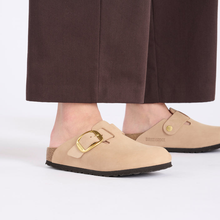 Birkenstock Boston Big Buckle Sandcastle Nubuck Leather on model 2
