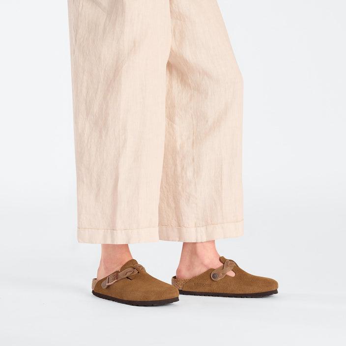 Birkenstock Boston Braided Mink Suede Leather on model 1