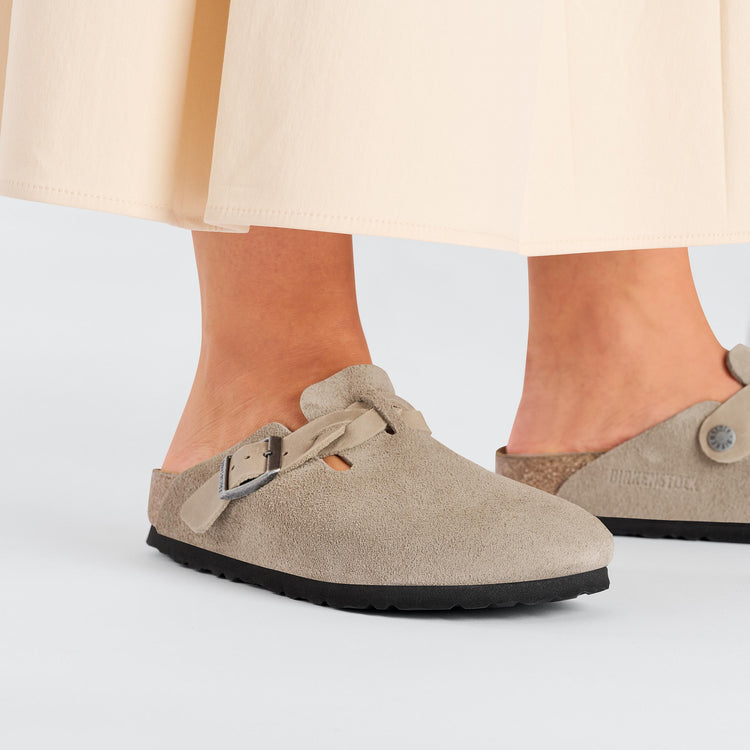 Birkenstock Boston Braided Taupe Suede Leather on model 2