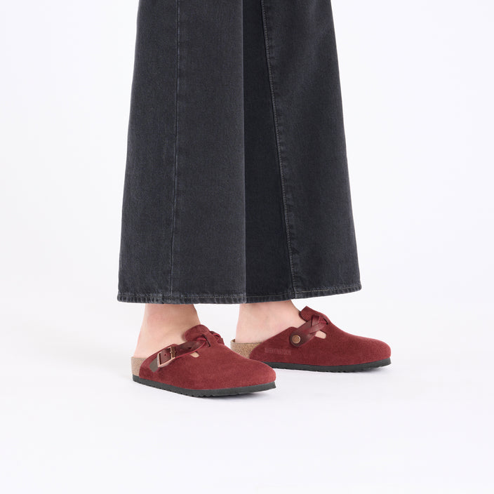 Birkenstock Boston Braided Zinfandel Suede Leather on model 1